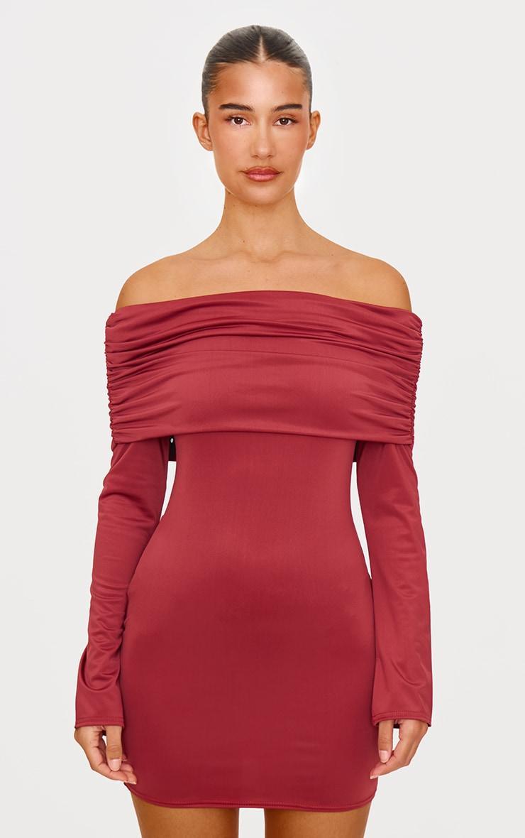 Burgundy Matte Sculpt Double Layer Foldover Bardot Long Sleeve Mini Dress Product Image