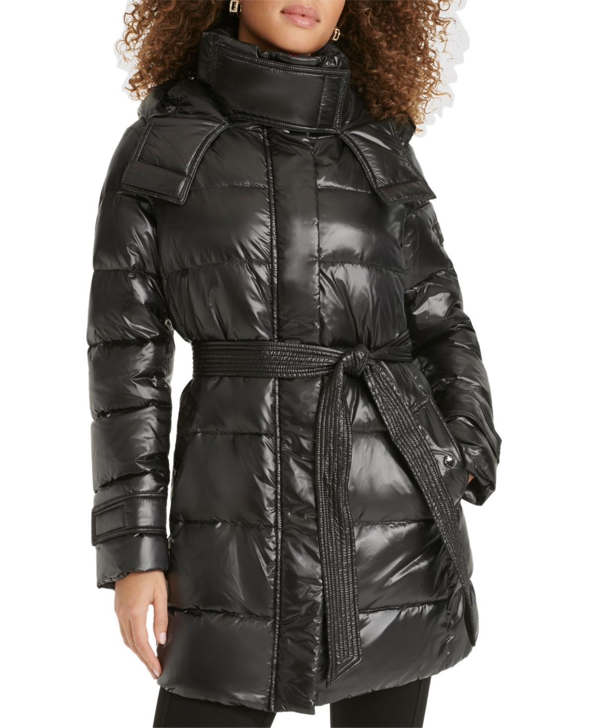 Women's Belted Hooded Short Down Puffer Coat Product Image