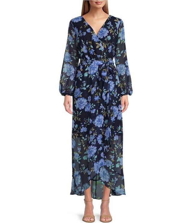 Ignite Evenings Long Sleeve V-Neck Tie Waist Floral Chiffon Faux Wrap Maxi Dress Product Image