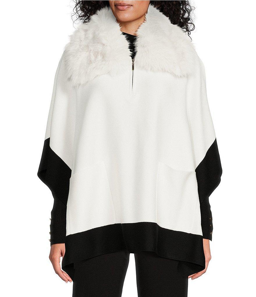 Investments Removable Faux Fur Zip Point Collar Elbow Sleeve Border Sweater Poncho Product Image