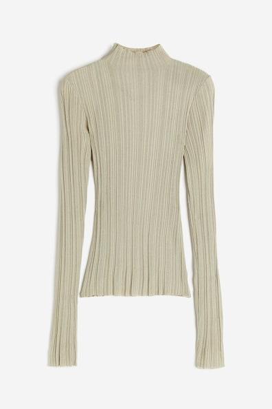 H & M - Sheer Rib-knit Mock Turtleneck Top - Green Product Image