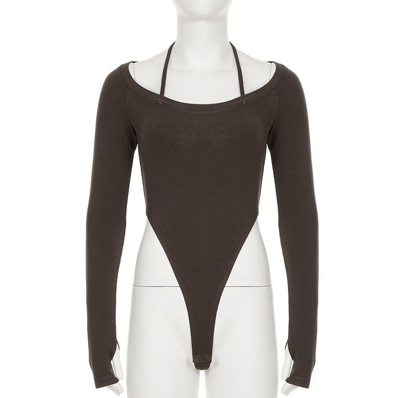 Long-Sleeve Scoop Neck Plain Bodysuit Top Product Image