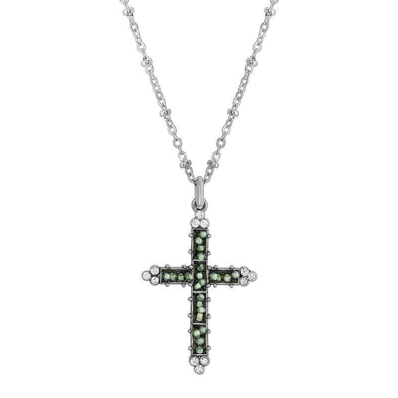 1928 Pewter Cross Seed Beaded Necklace, Womens, Blue product image