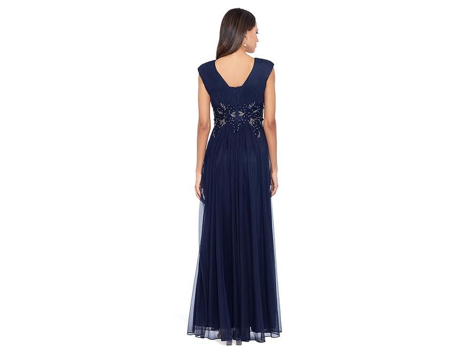 Betsy & Adam Long Chiffon Deep V Dress with Applique (Navy/Navy/Gold) Women's Dress Product Image