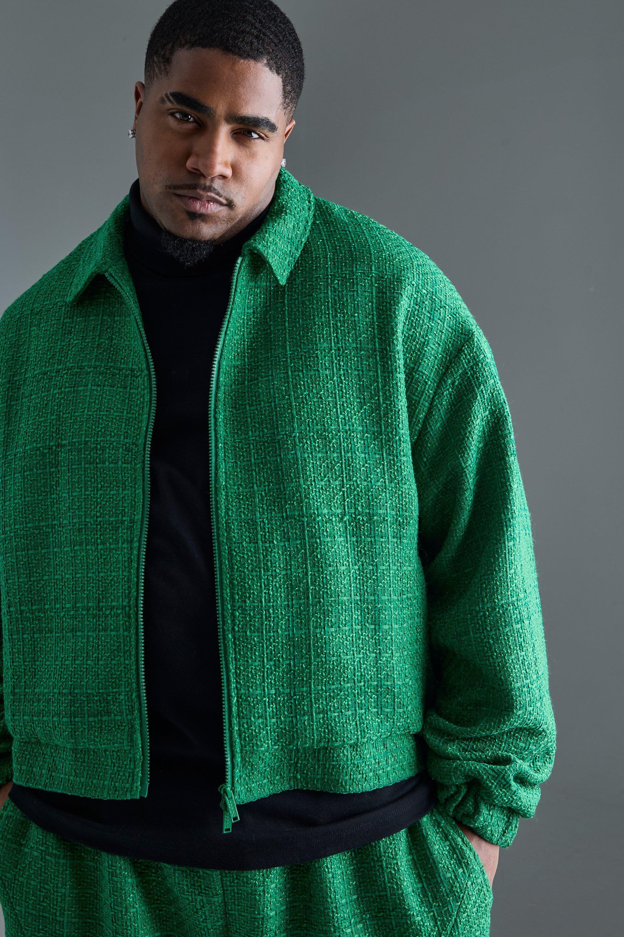 Mens Green Plus Oversized Boxy Boucle Zip Through Jacket, Green Product Image