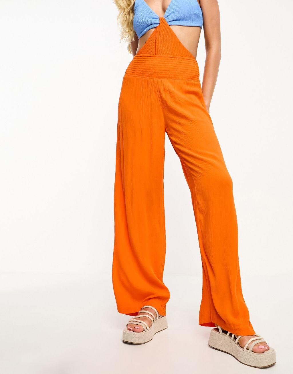 Vero Moda shirred waist beach pants in orange Product Image