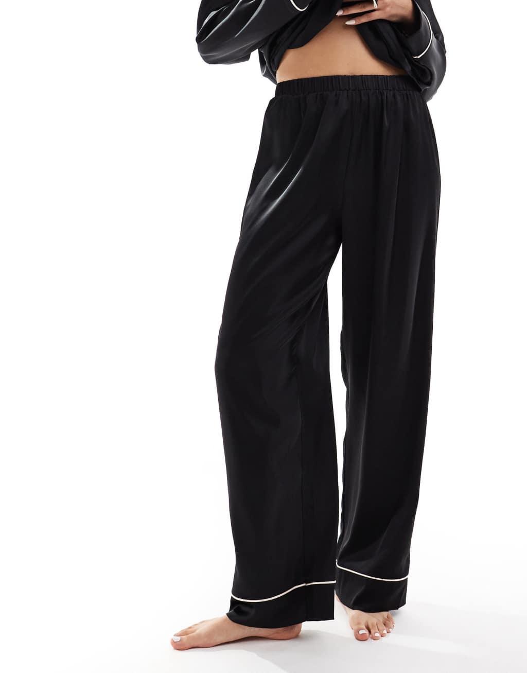 ASOS DESIGN satin long sleeve shirt & pants pajama set in black Product Image