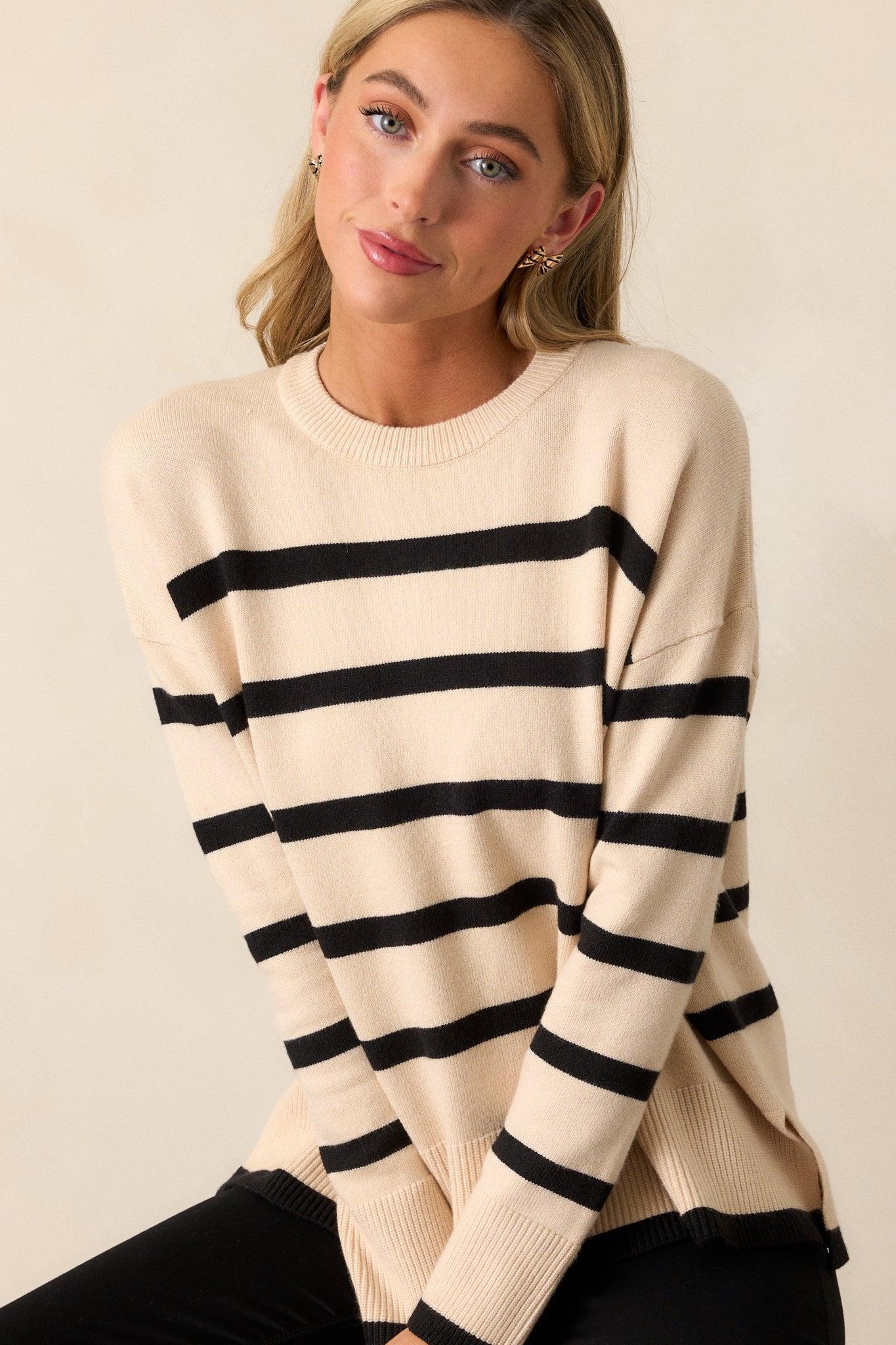 Time to Unwind Beige Stripe Knit Sweater Product Image