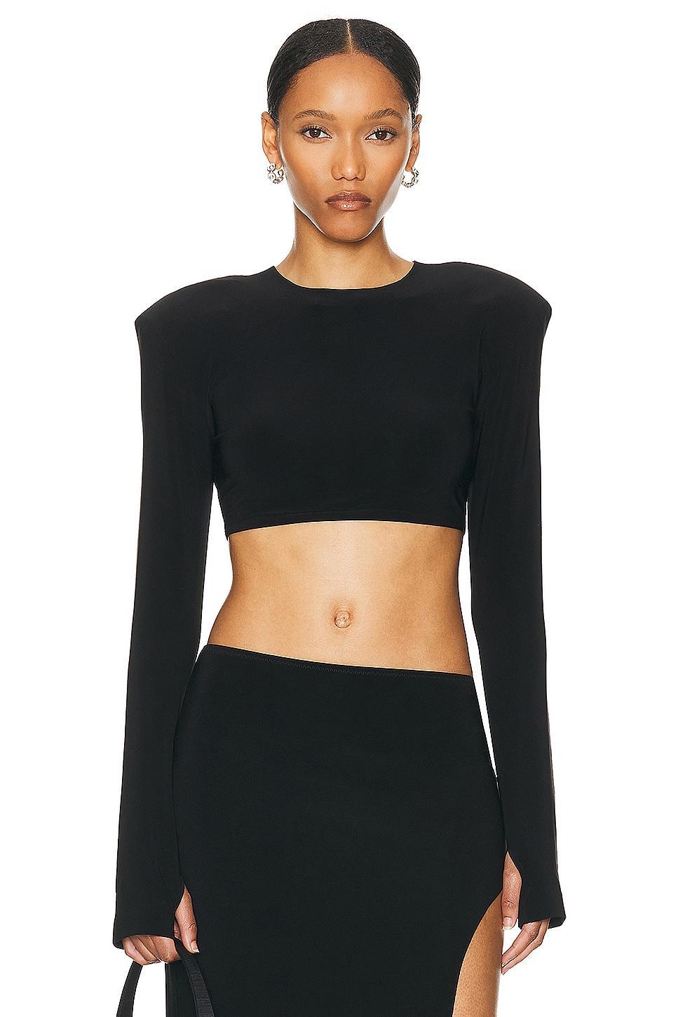 Norma Kamali Cropped Shoulder Pad Long Sleeve Crew Top Black. (also in L, XL). Product Image