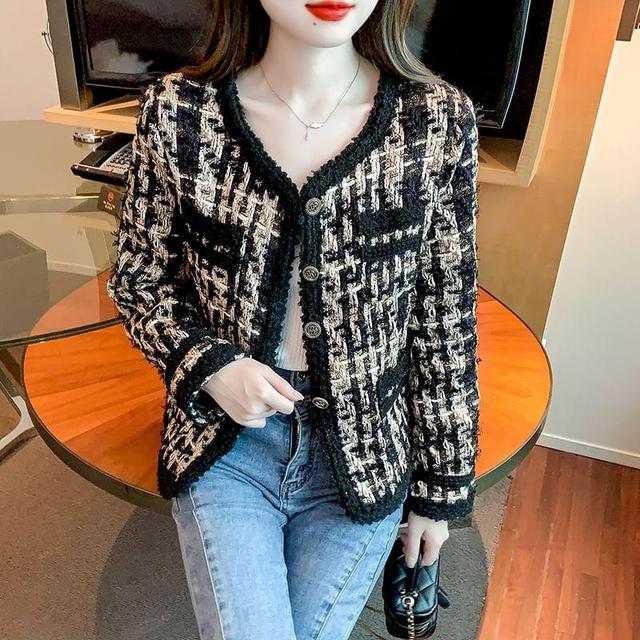 V-Neck Houndstooth Tweed Button Jacket Product Image