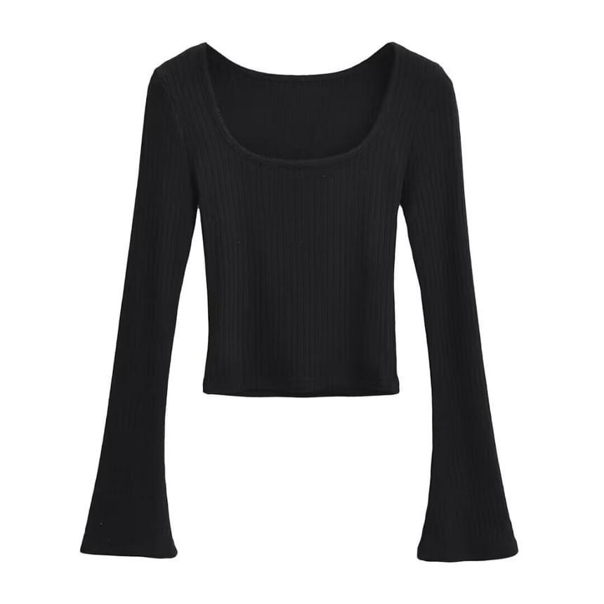 Long Sleeve Scoop Neck Plain Ribbed Crop Top Product Image