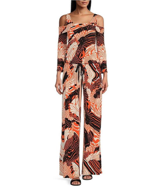 Eva Varro Knit Jersey Abstract Print Square Neck 3/4 Cold Shoulder Sleeve Jumpsuit Product Image