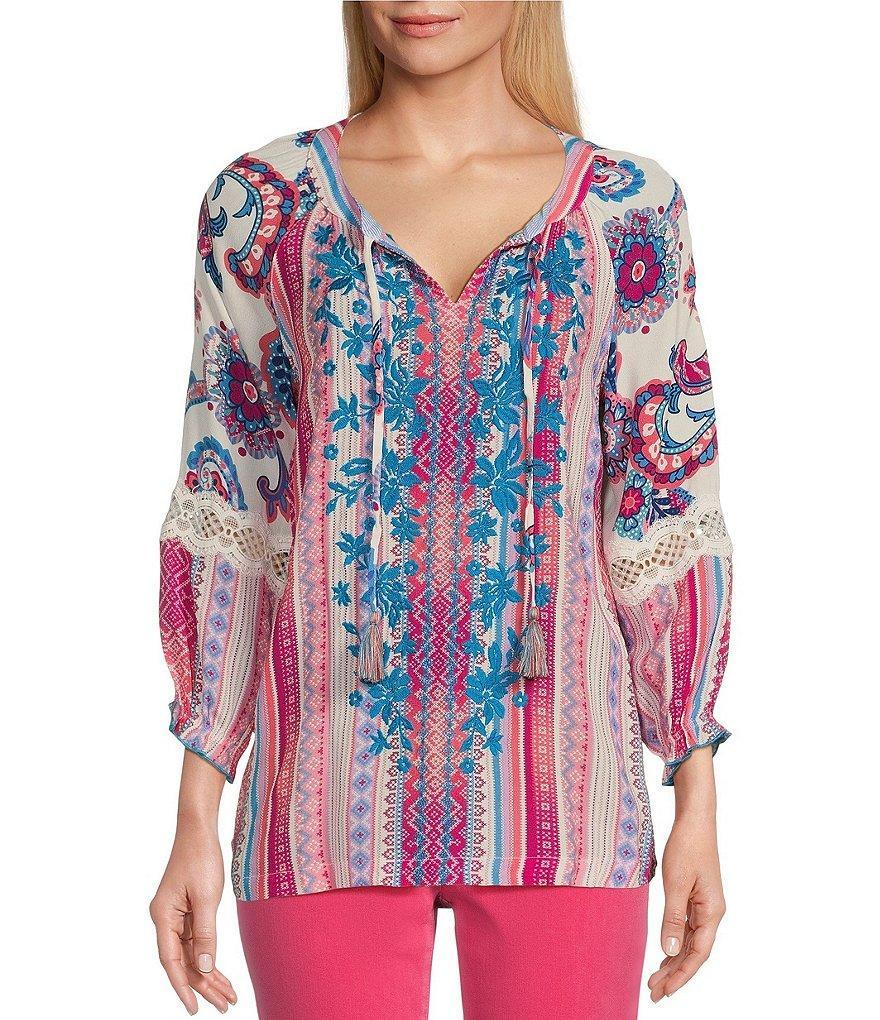 John Mark Embroidered Split Neck 3/4 Sleeve Tie Front Tunic Product Image