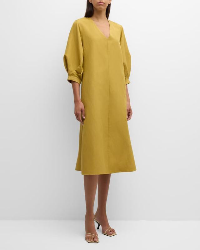 Blouson-Sleeve Silk-Linen Midi Dress Product Image