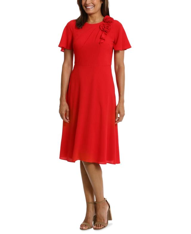 London Times Womens Rosette Flutter-Sleeve Midi Dress Product Image