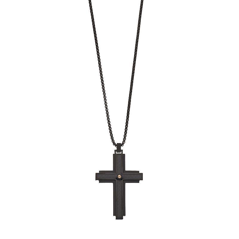 LYNX Mens Black Stainless Steel & Carbon Fiber Cross Pendant Necklace Product Image