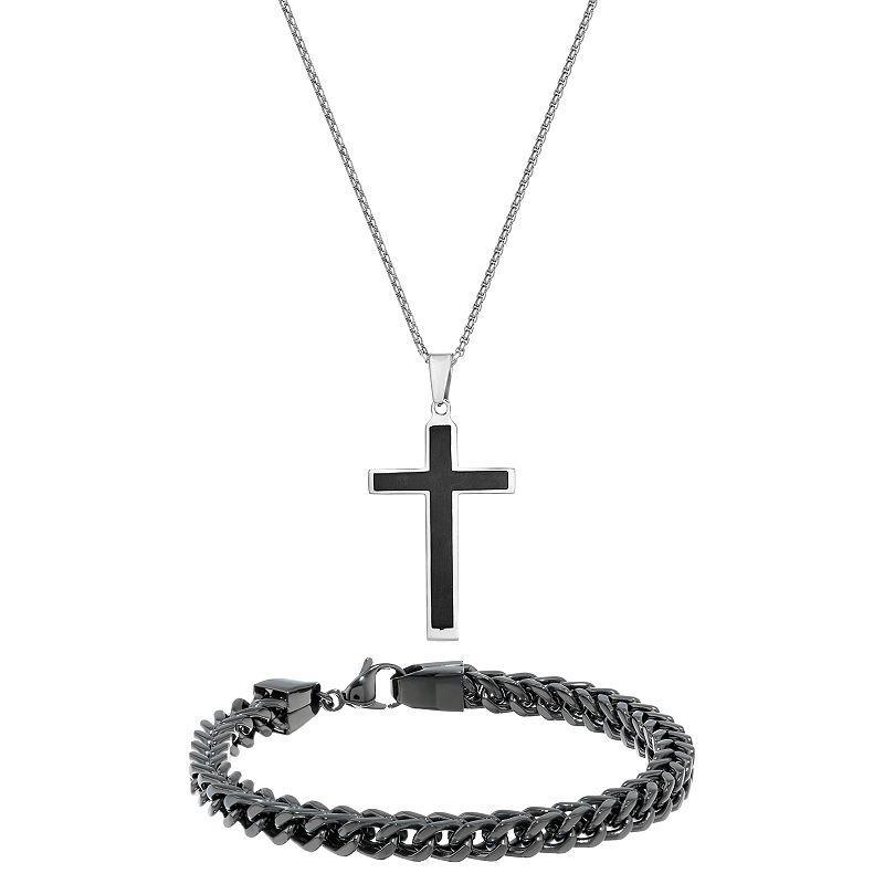 Mens LYNX Stainless Steel Cross & Chain Bracelet Set Black Ion Plated Product Image