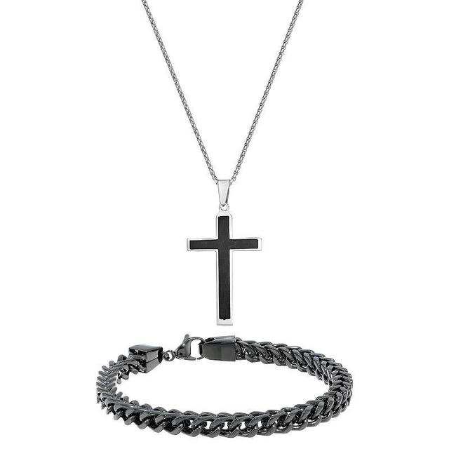 Mens LYNX Stainless Steel Cross & Chain Bracelet Set Black Product Image