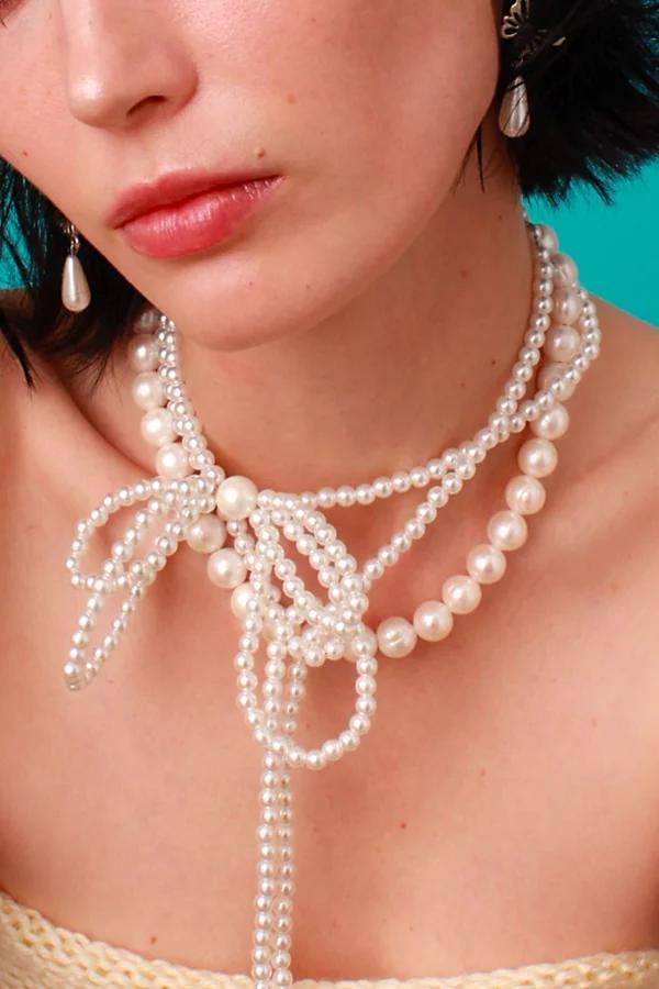 Velvet Luna Pearl Bow Wrap Necklace Womens at Urban Outfitters Product Image