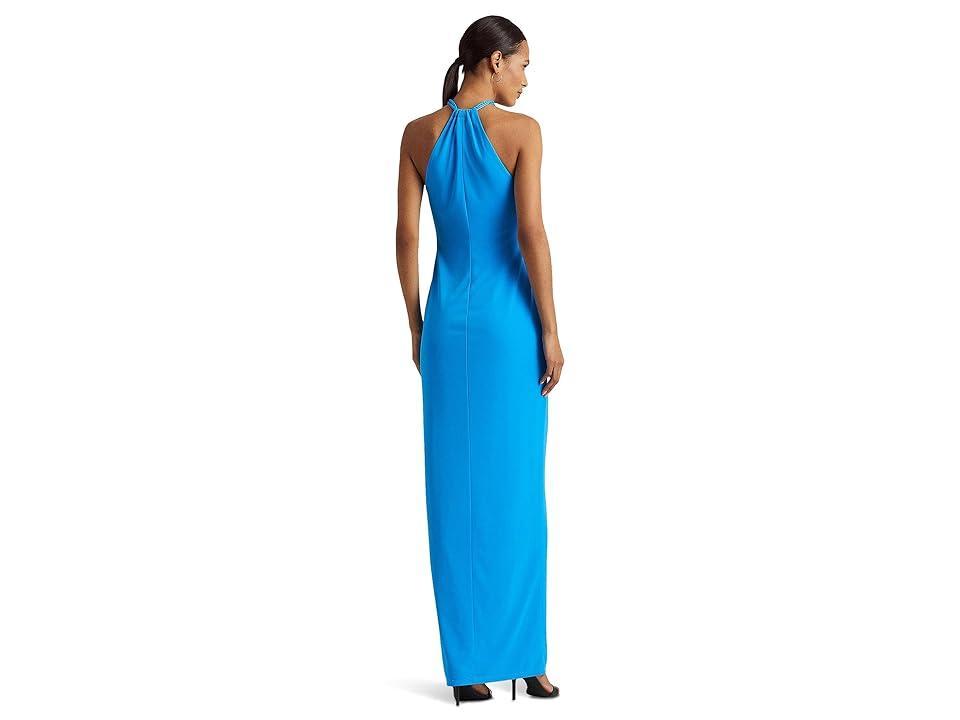 LAUREN Ralph Lauren Jersey Halter Gown (Blaze Ocean) Women's Dress Product Image