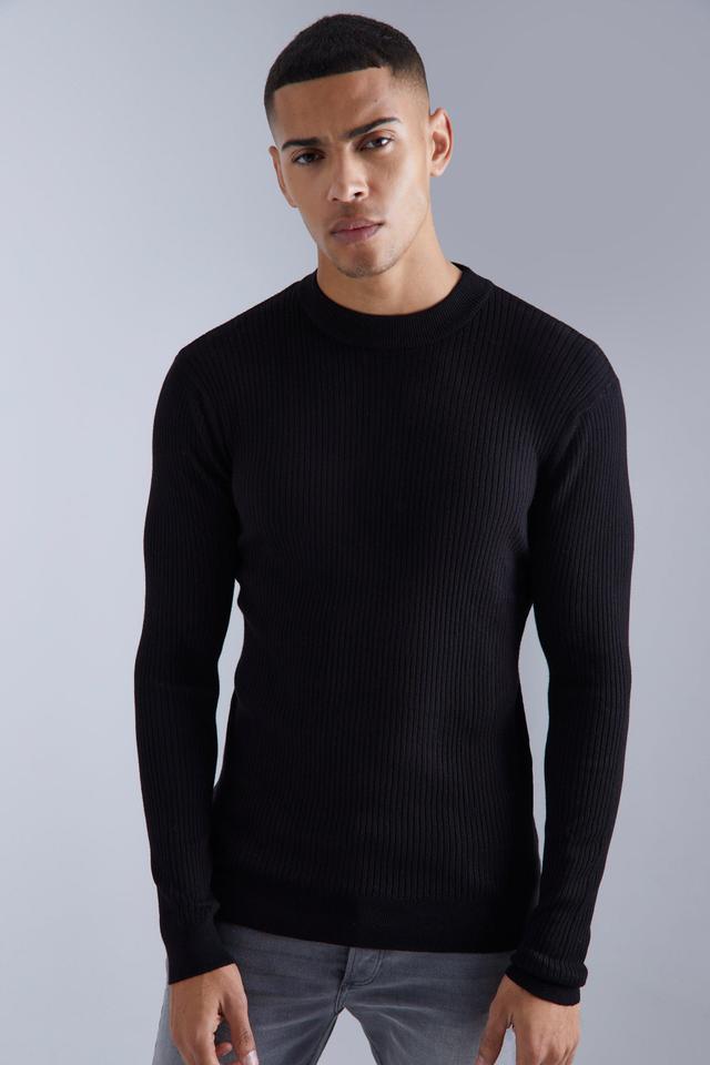 Mens Black Regular roll/polo neck Ribbed Jumper, Black Product Image