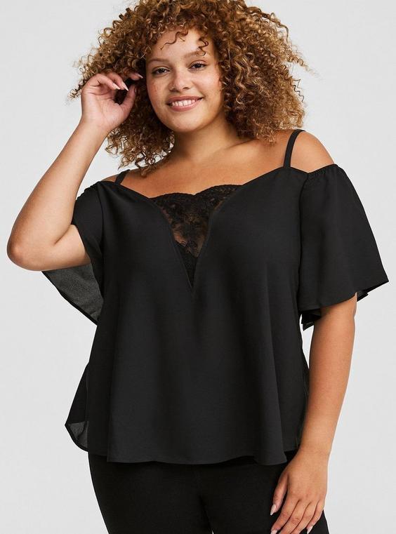 Georgette Lace Cold Shoulder Flutter Sleeve Top Product Image