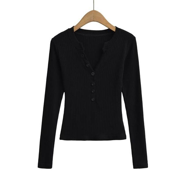 Long Sleeve V-Neck Plain Ribbed Knit Cropped Knit Top Product Image