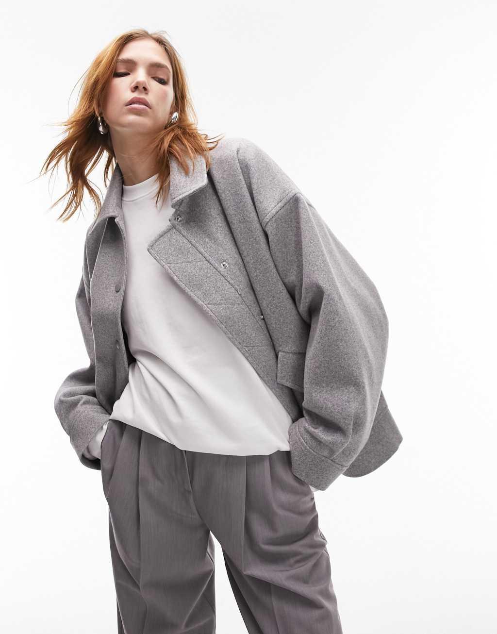 Topshop brushed bomber jacket with snaps in gray heather Product Image