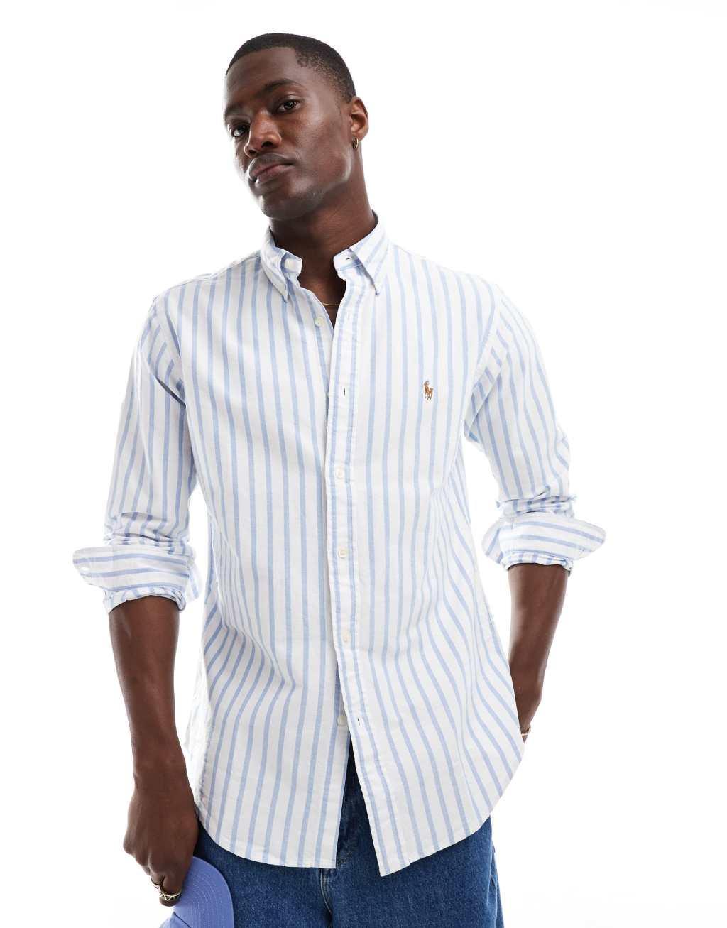 Polo Ralph Lauren icon logo stripe oxford shirt custom fit in white/blue Product Image