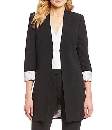 Calvin Klein Petite Size Contrast Lining V-Neck Long Roll Sleeve Open Front Jacket Product Image