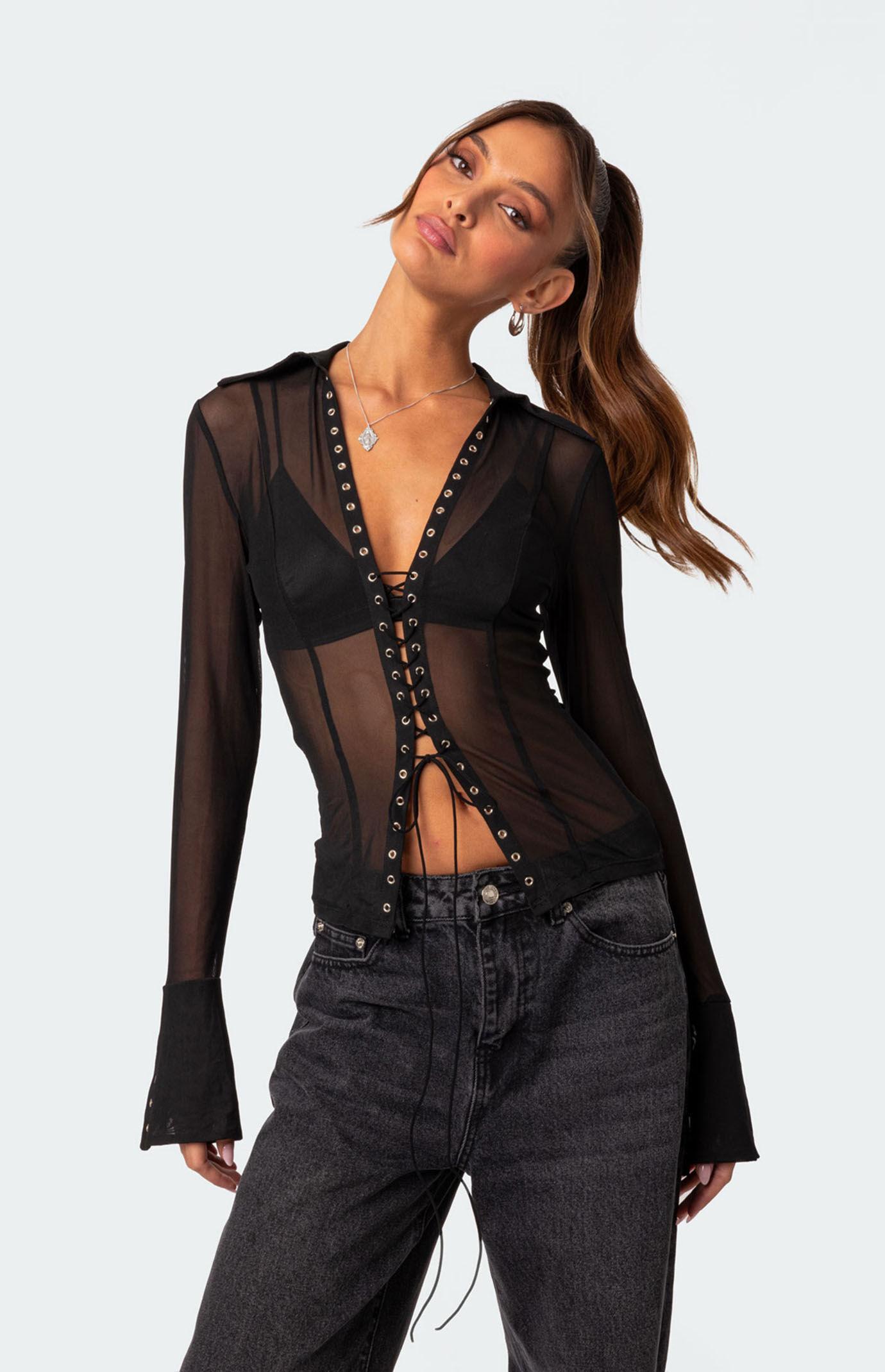 Edikted Women's Lace Up Sheer Mesh Top Product Image