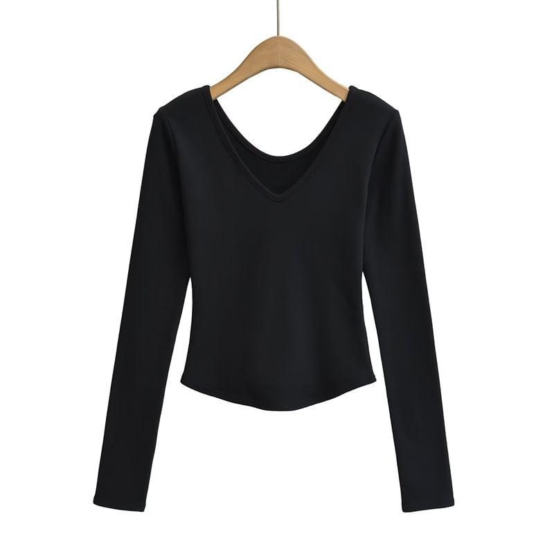 Long-Sleeve V-Neck Plain T-Shirt Product Image