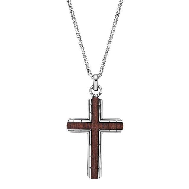 Mens LYNX Stainless Steel & Bubinga Wood Textured Cross Pendant Necklace Multicolor Product Image