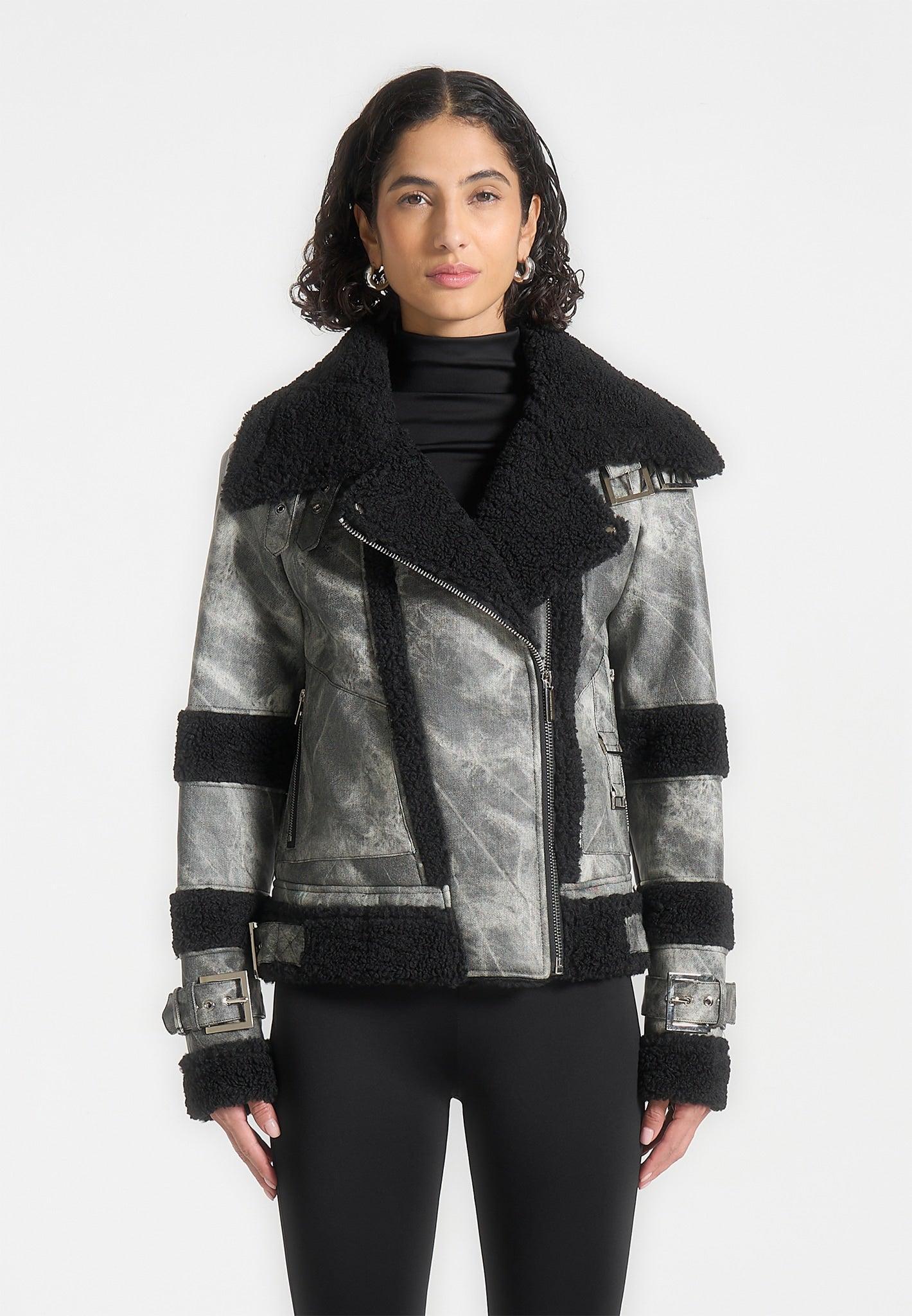 Marbled Leather Borg Biker Jacket - Black Female Product Image