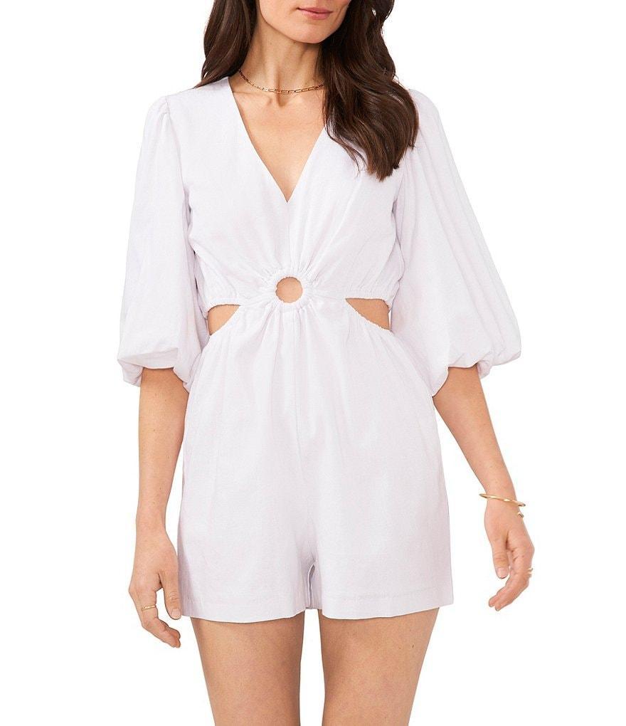 1. STATE 3/4 Sleeve V-Neck Linen Blend Cutout Ring Detail Romper Product Image