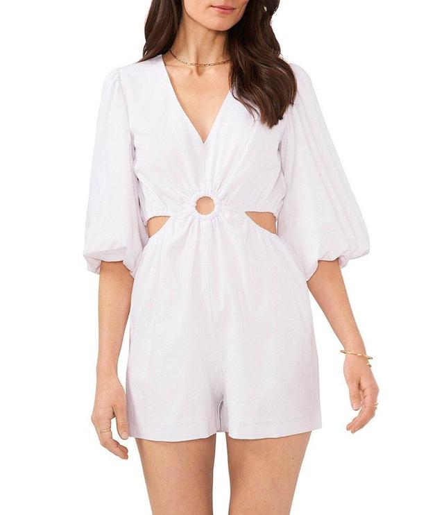 1. STATE 3/4 Sleeve V-Neck Linen Blend Cutout Ring Detail Romper Product Image