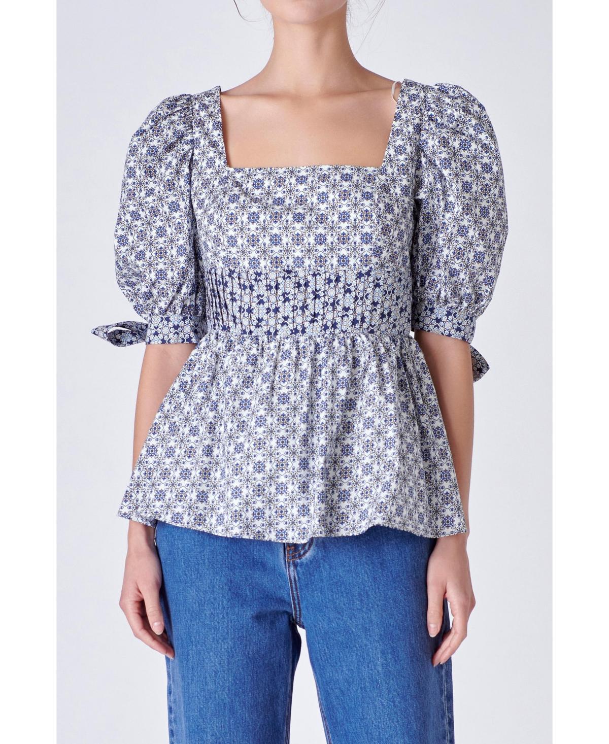 English Factory Mixed Print Cotton Peplum Top Product Image