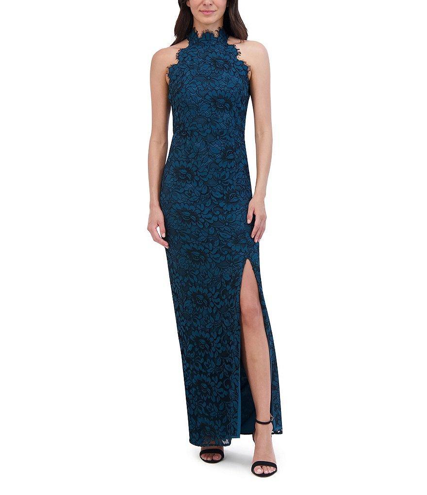 Eliza J Lace Halter Neck Sleeveless Side Slit Gown Product Image