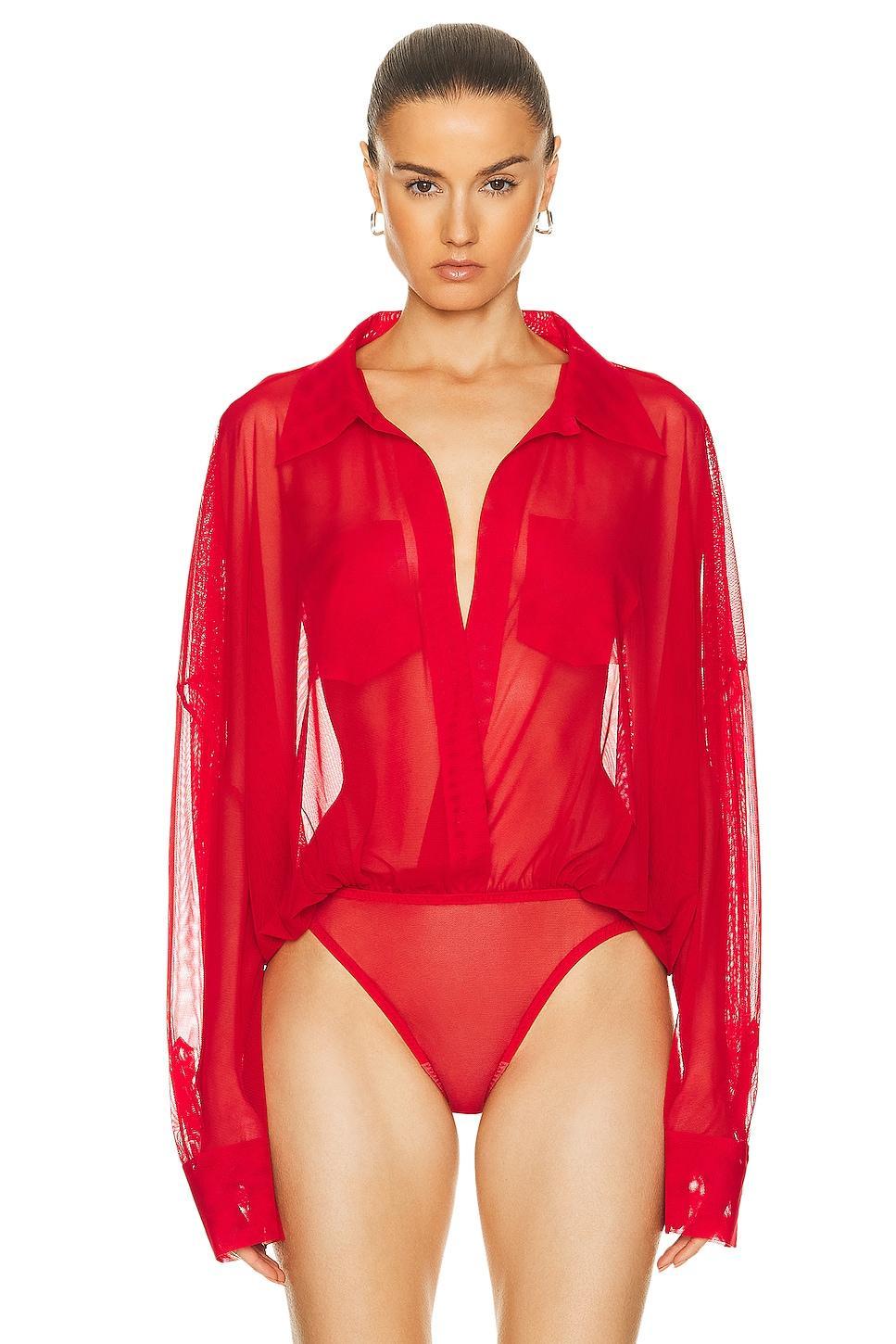 Norma Kamali Super Oversized Boyfriend Shirt Bodysuit in Red Product Image