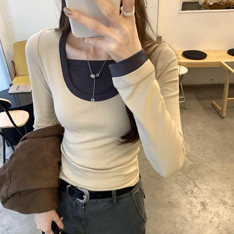 Long Sleeve Mock Two Piece Color-Block Slim-Fit T-Shirt Product Image