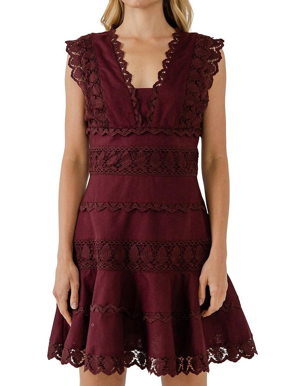 Womens Plunging Neck Lace Trim Dress Product Image