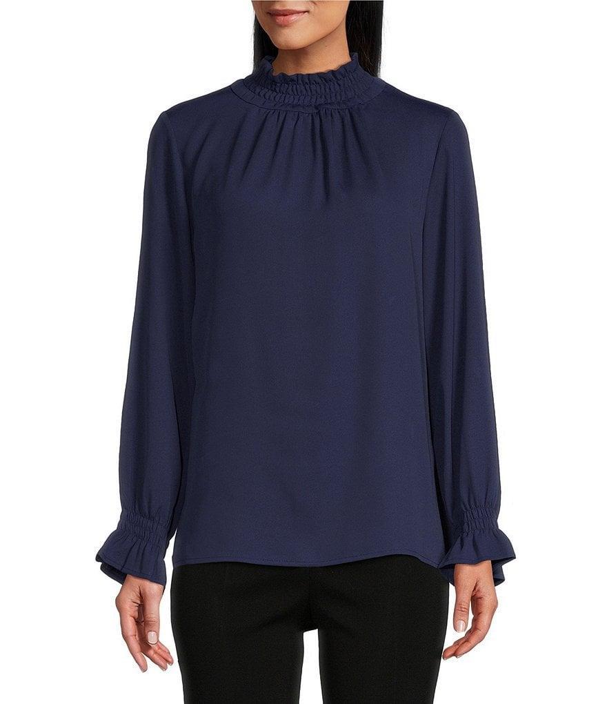 Ming Wang Crepe de Chine Charmeuse Mock Neck Long Sleeve Blouse Product Image