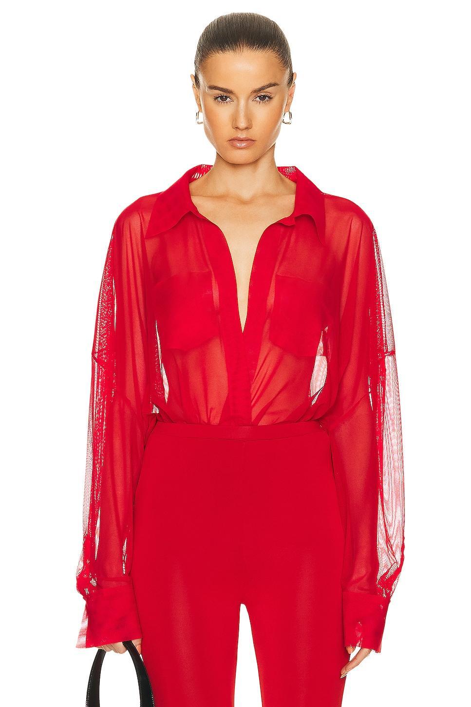 Norma Kamali Super Oversized Boyfriend Shirt Bodysuit in Red Product Image