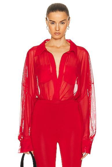 Norma Kamali Super Oversized Boyfriend Shirt Bodysuit in Red Product Image