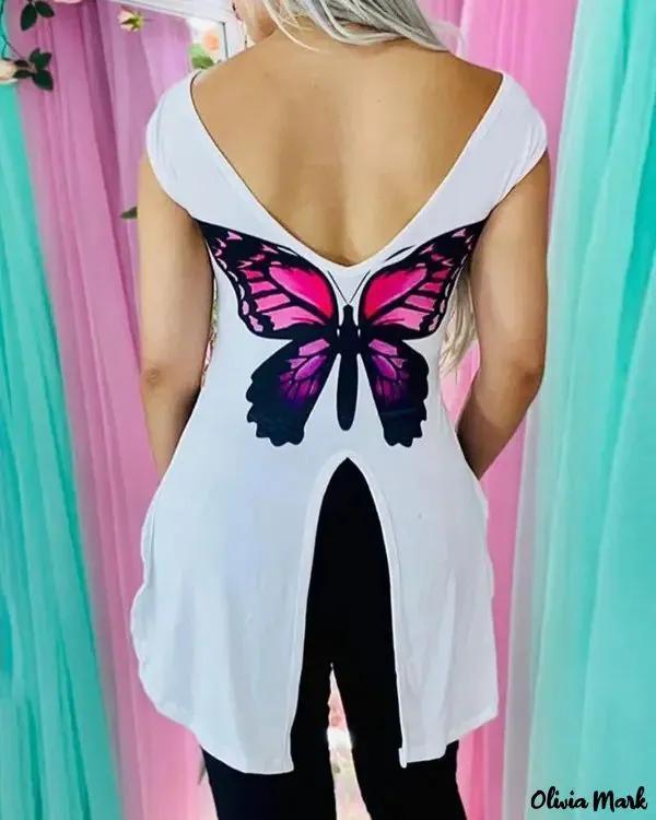 Olivia Mark – Open Back Butterfly Print Asymmetrical Slit T-shirt Product Image