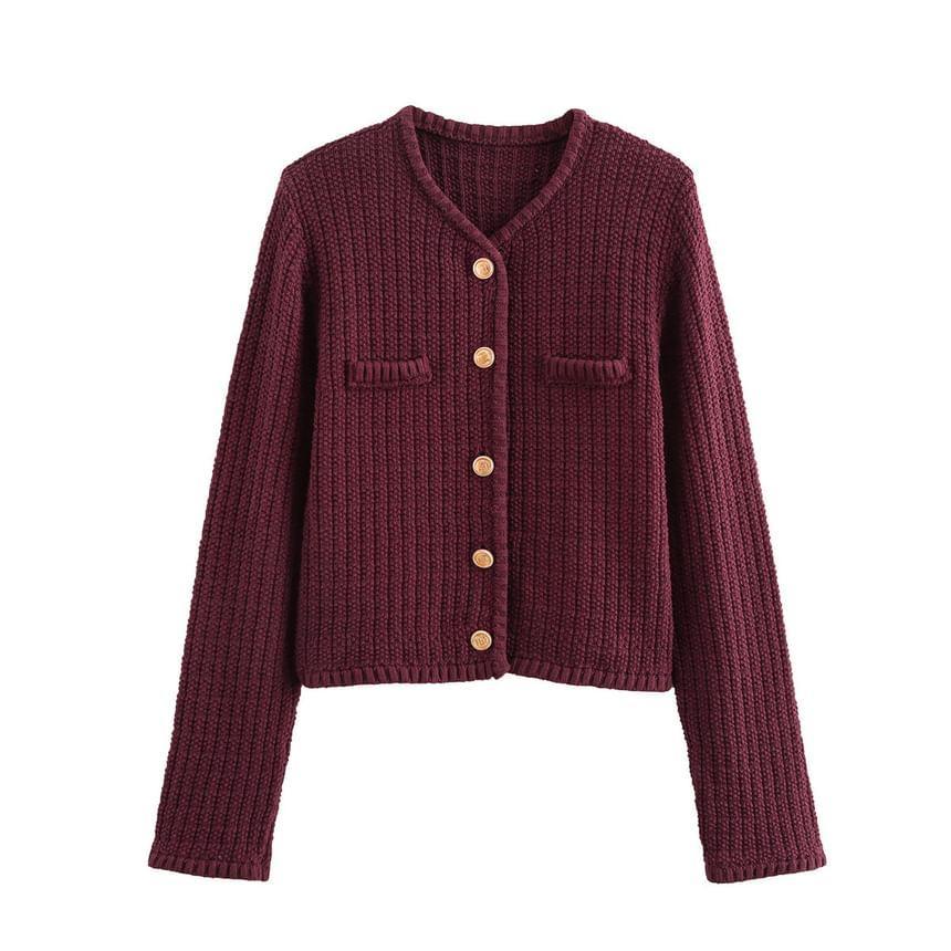 V-Neck Button-Up Plain Cardigan Product Image