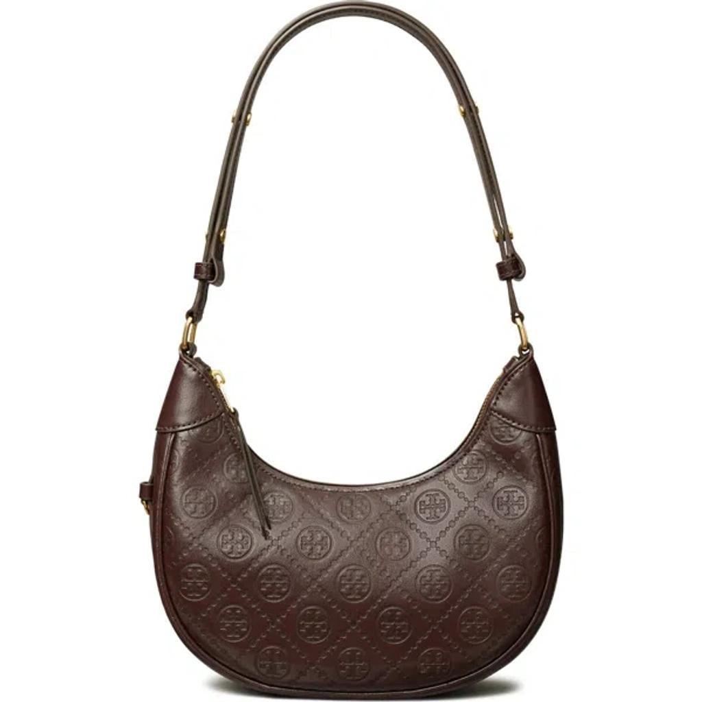 TORY BURCH T-monogram Embossed Crescent Shoulder Bag In Brown Product Image