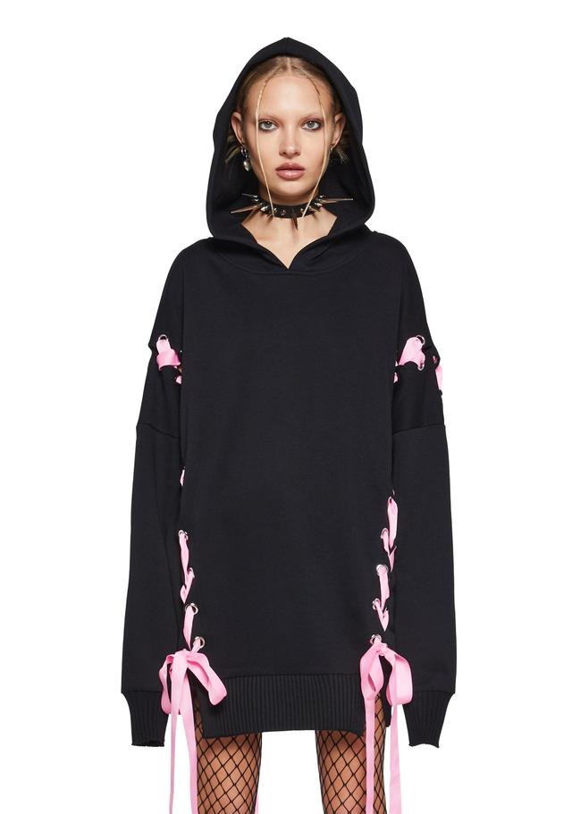 Current Mood Oversized Lace Up Hoodie - Black Product Image