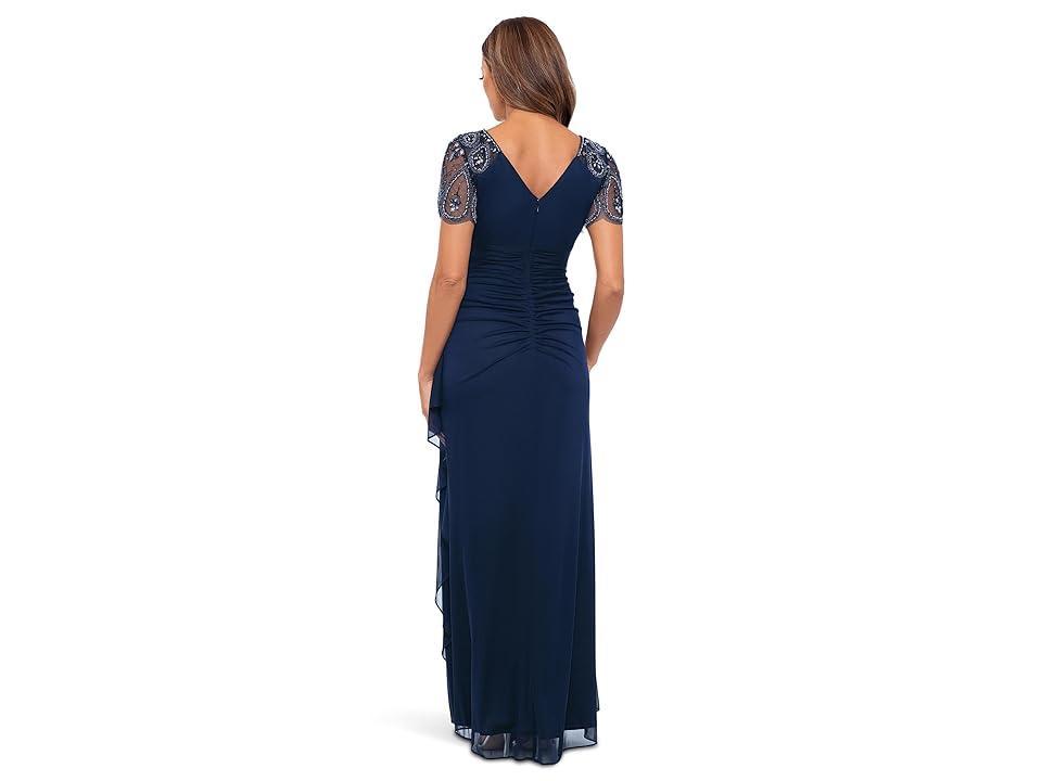 XSCAPE Long Sheer Matte Jersey Beaded Yoke Rouch Women's Dress Product Image