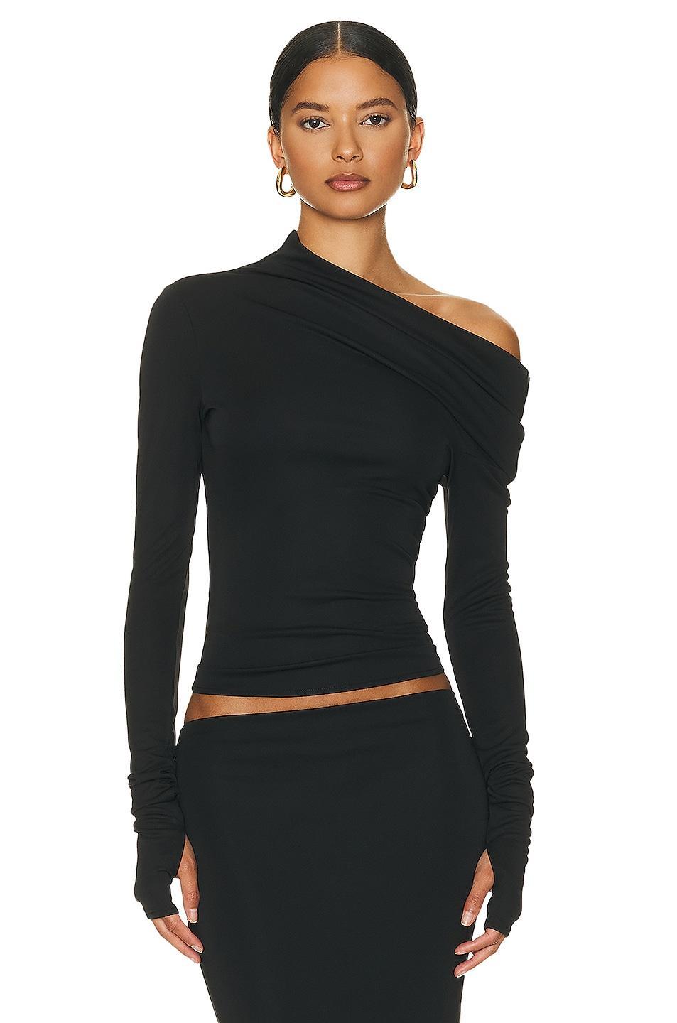 Helsa Matte Jersey Drape Shoulder Top in Black. - size S (also in L, M, XL, XS) Product Image